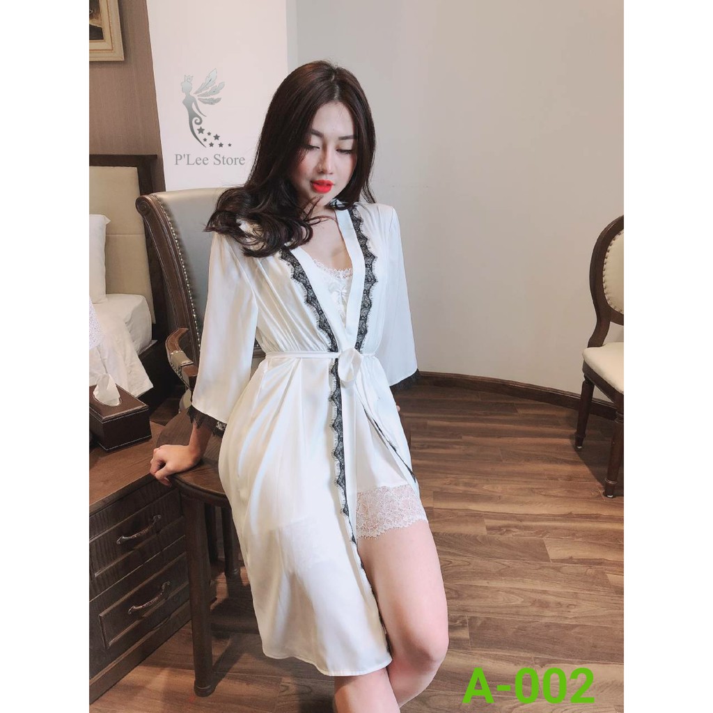 A002 - Đồ Ngủ, Váy ngủ sexy cao cấp + Áo choàng A002 Màu trắng