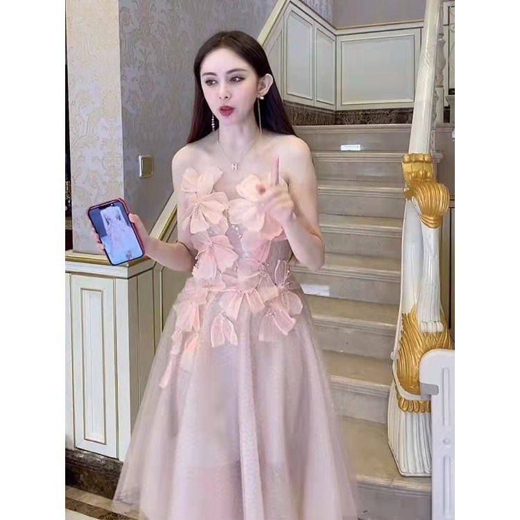 Wei Fanshu Chân Váy Lưới Cánh Hoa Xương Cá Cạp Cao Trung Bình Màu Hồng Cho Nữ