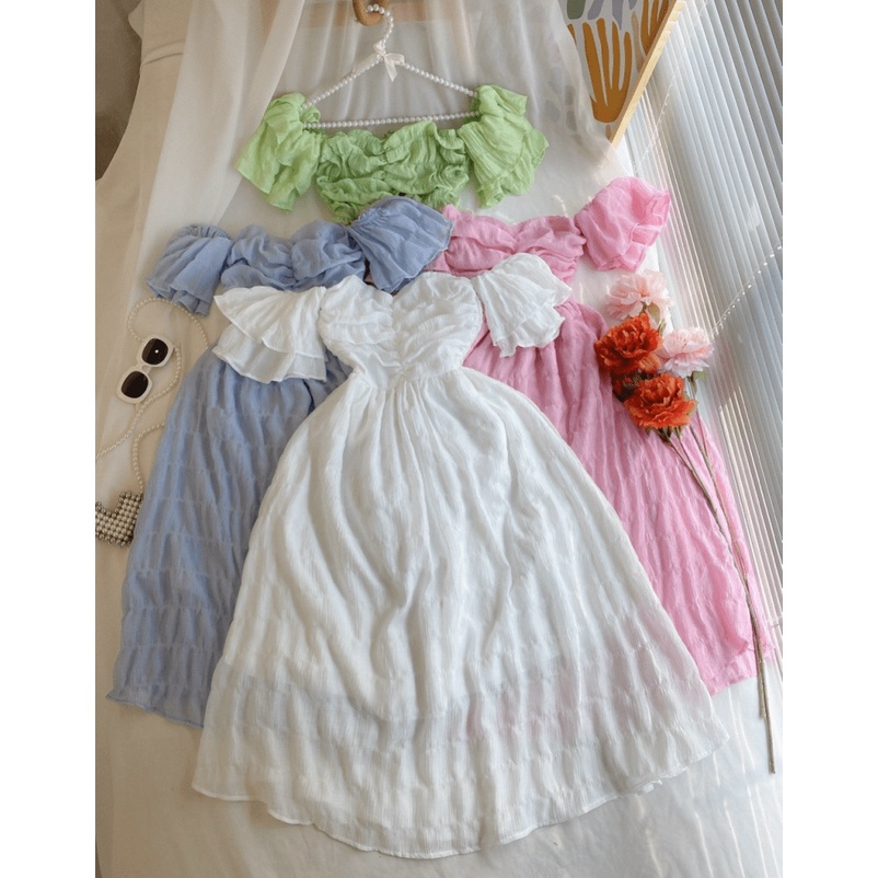 (Free Ship) ĐẦM MAXI XỐP NHÚN TRỄ VAI CÓ LÓT CÓ MÚT DÁNG SUÔNG CỰC TÔN DÁNG UP h.h.p