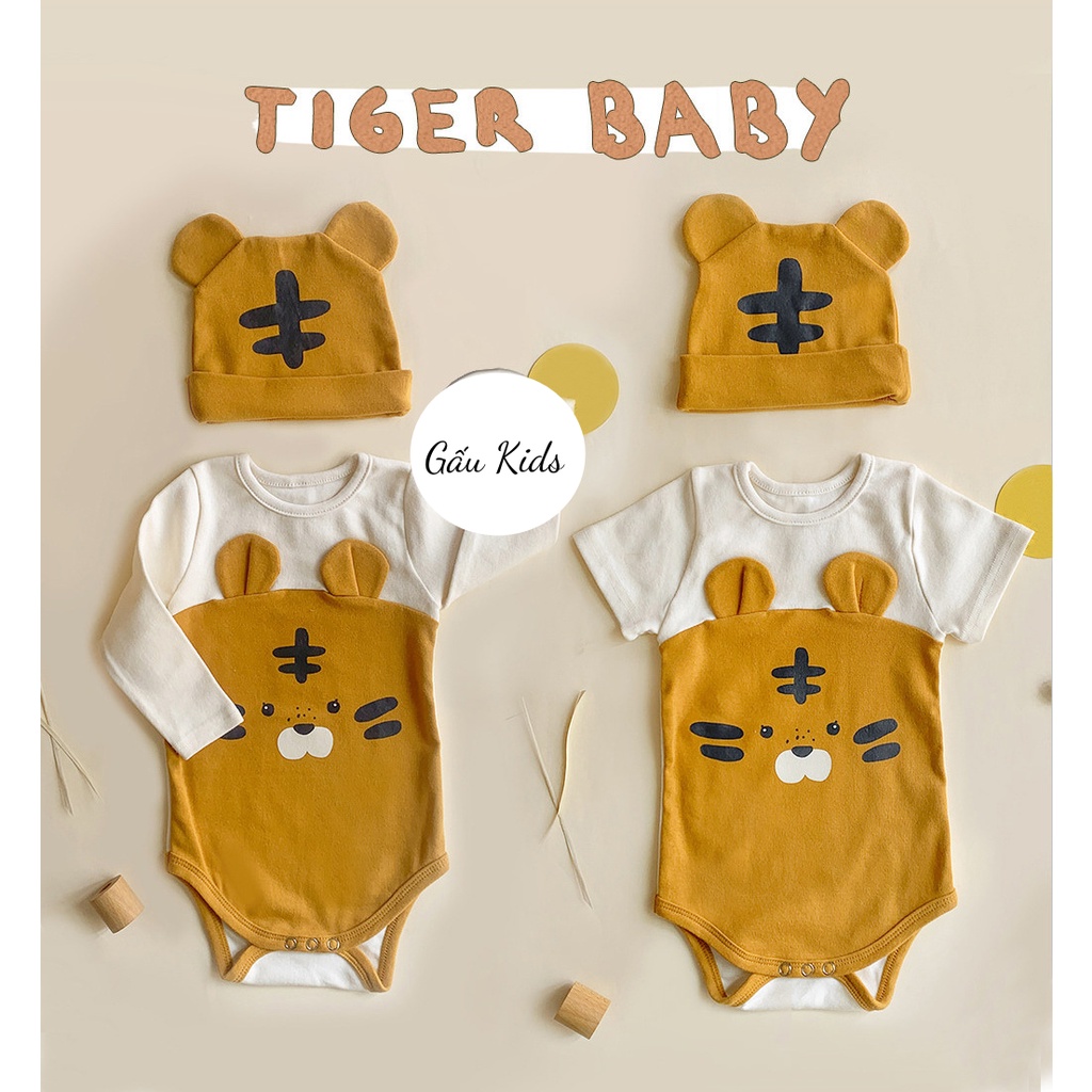 Body suit tay cộc cho bé trai, bé gái chất cotton organic hình hổ kèm mũ, bộ cho bé size 3 - 14 kg TE03