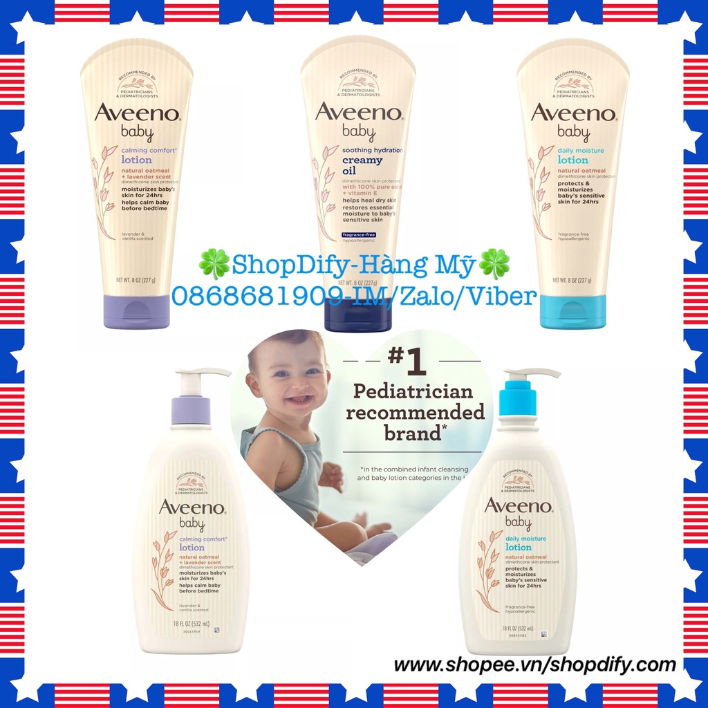 {Mỹ, Mẫu mới} Kem Dưỡng Ẩm Cho Bé, Trẻ Em AVEENO BABY Daily Moisture, Calming Lotion, Soothing Relief Cream 227g 532ml