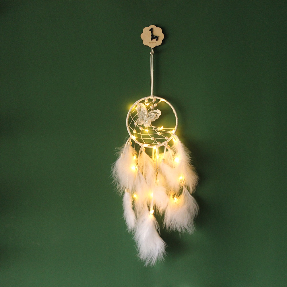 Dreamcatcher có đèn, gửi ước nguyện theo gió, lông vũ/lông tơ, decor phòng ngủ