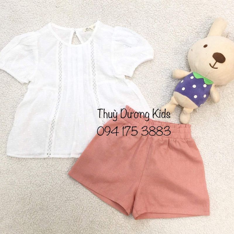 Bộ hè áo tay bồng hạt gạo mix quần thô kaki hồng cam Dolas xuất hàn cho bé 1-5y