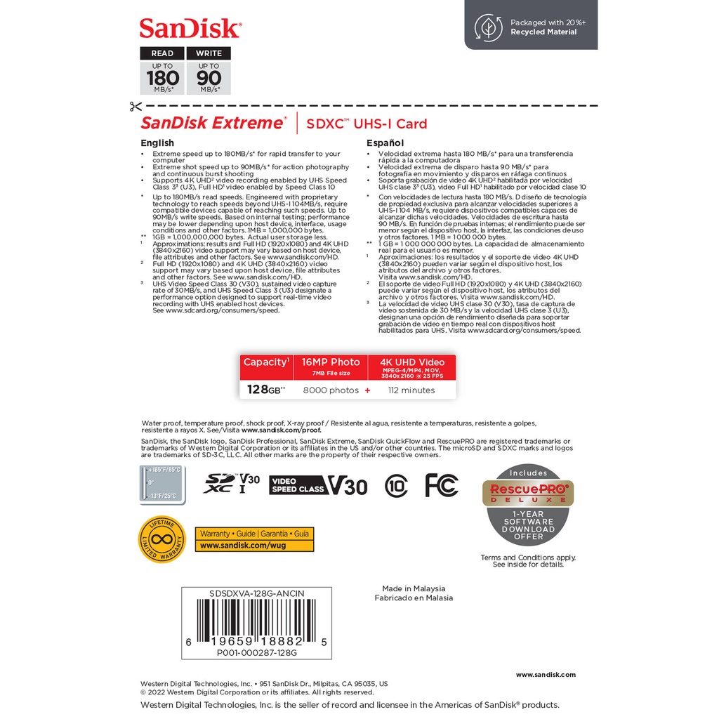 Thẻ nhớ SDXC SanDisk Extreme 128GB UHS-I U3 V30 180MB/s