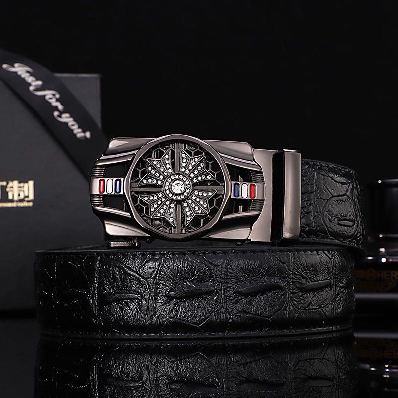 Thắt lưng nam da cá sấu cao cấp, mặt đính đá xoay 360, khóa tự động mạ kim sang trọng TL03