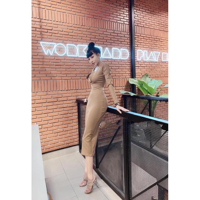 Đầm body ,đầm cổ trụ tay dài chất thun gân dày dặn ,co giãn thoải mái M001