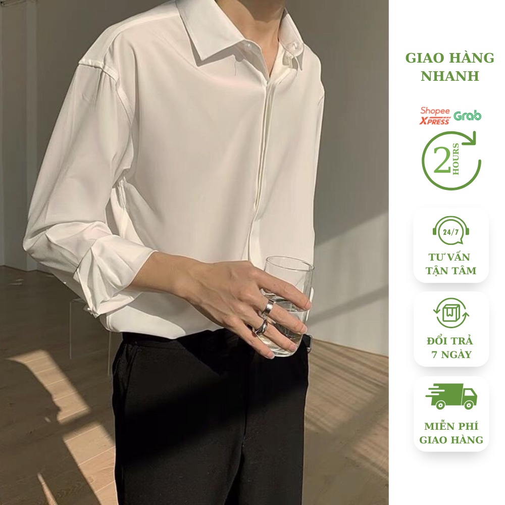 Áo sơ mi nam form rộng giấu khuy chất vải lụa cao cấp, Sơ mi nam dấu khuy không nhăn không xù kiểu dáng Unisex Hàn Quốc