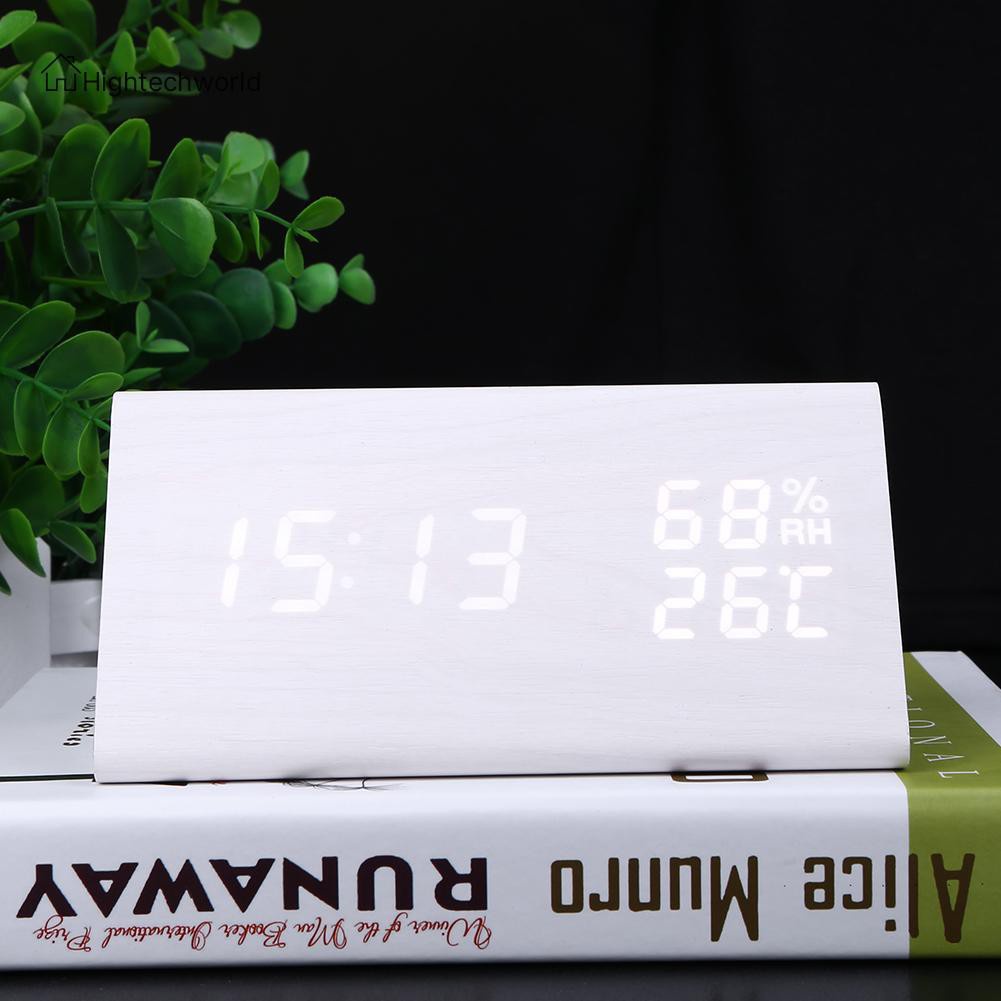 Hightechworld USB Wood LED Sound Control Alarm Clock Thermometer Timer Calendar Display