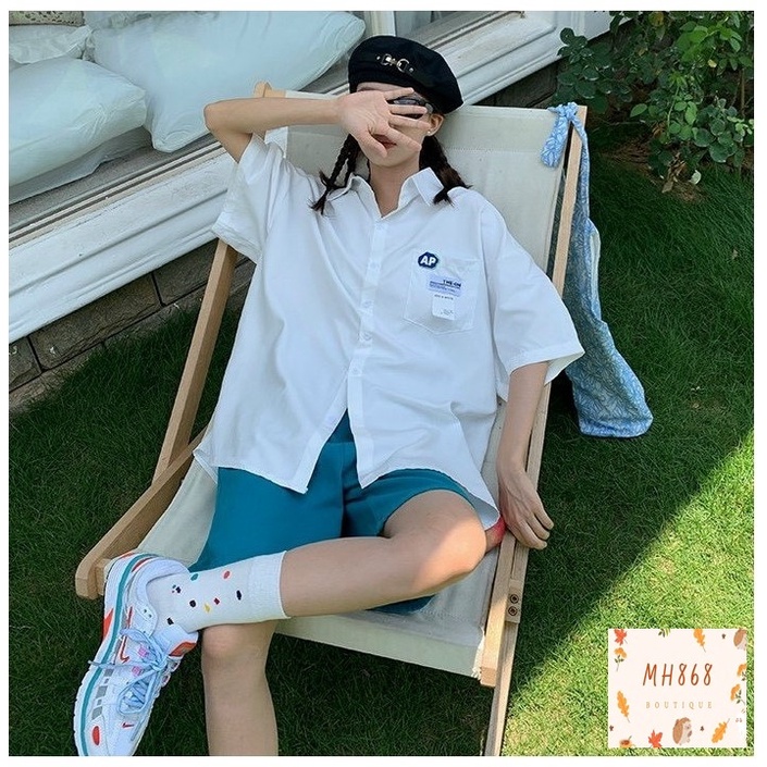 Áo sơ mi nam nữ form rộng  tay lỡ unisex túi ngực in logo AP phong cách cá tính