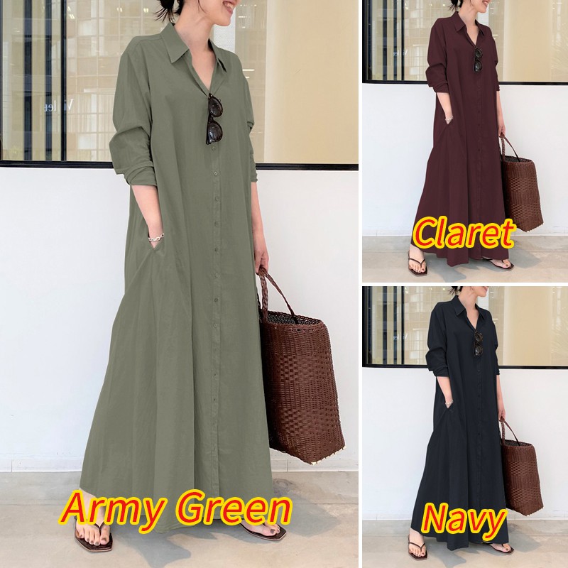 Đầm maxi Zanzea tay dài xẻ tà màu trơn thời trang cho nữ