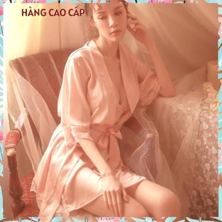 Áo choàng kimono lụa phối ren hàng nhập cao cấp Thư Thư