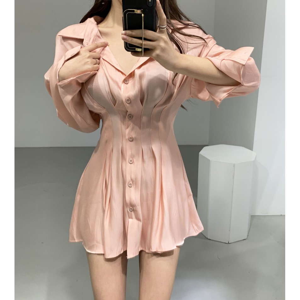 Đầm nữ sơ mi dáng xòe tay dài mini Emilyshop