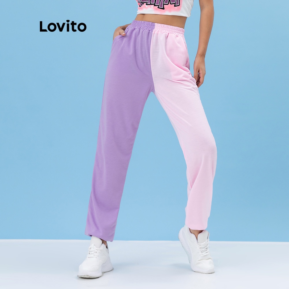 Quần Lovito dây rút ghép nối màu sắc trơn in họa tiết phong cách thể thao L06081 (Màu tím)