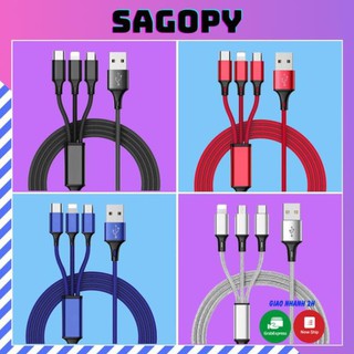Dây cáp sạc iphone Lightning, Samsung type C, Micro Oppo, dây cáp sạc điện thoại 3 đầu bọc dù hỗ trợ sạc nhanh