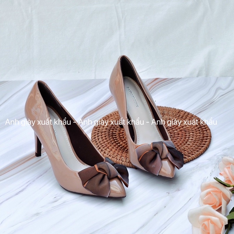 CG70 - Giày cao gót da bóng gót nhọn 7p nơ lụa to cực xinh ( ảnh thật, kèm video)