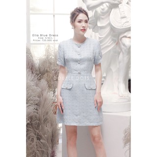 Váy dạ tweed Ella Blue dáng A, tay cộc, khuy đá cao cấp