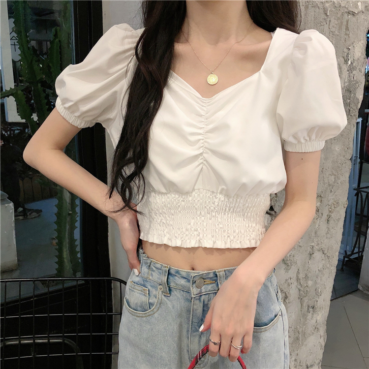 Áo kiểu nữ croptop ôm tay ngắn bồng 2021, áo croptop nữ đẹp màu trắng cổ V dúm ngực ôm eo thời trang hàn quốc du lịch