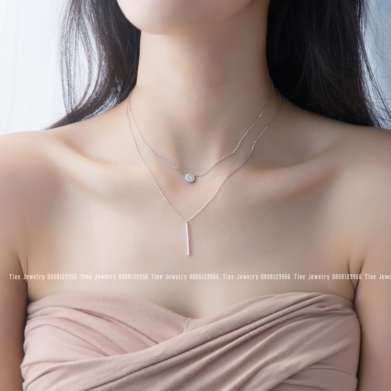 Dây chuyền bạc nữ TLEE dây kép thanh bạc mặt tròn đính đá TleeJewelry D0219