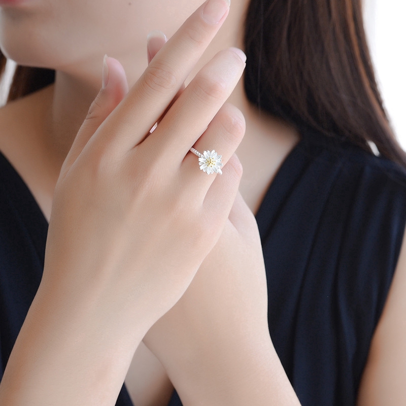Exquisite Nhẫn bạc vòng hở có thể điều chỉnh mặt hình hoa cúc dành cho nữ