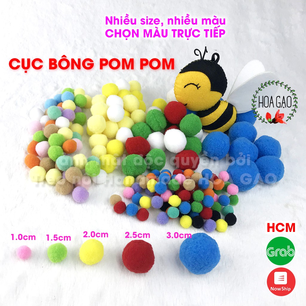 Pom pom 100 viên mix màu đồ chơi cho bé cục bông HOA GẠO GPMA nhiều size pompom 1.0cm 1.5cm 2.0cm 2.5cm 3.0cm quả bông