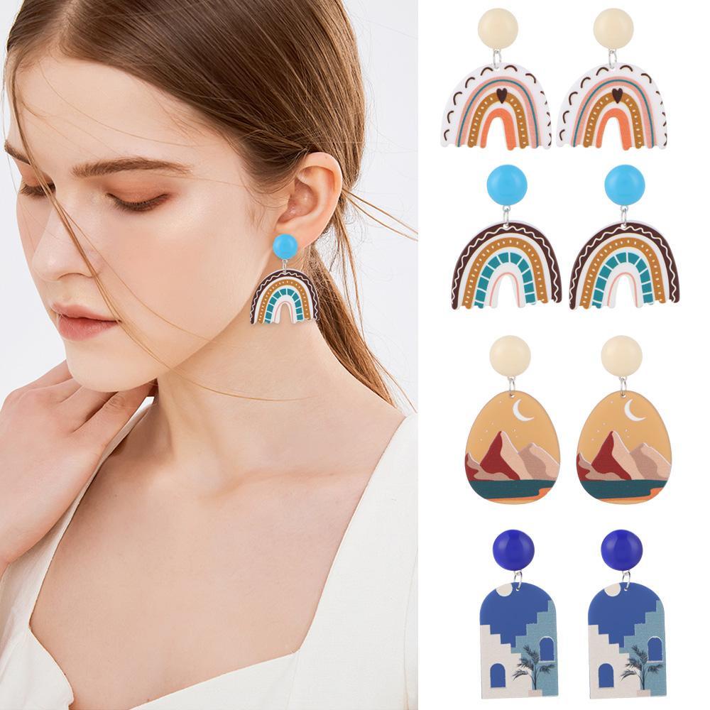 Bông Tai Dáng Dài Họa Tiết Hoa Hồng / Hình Học Màu Cầu Vồng Hoạt Hình