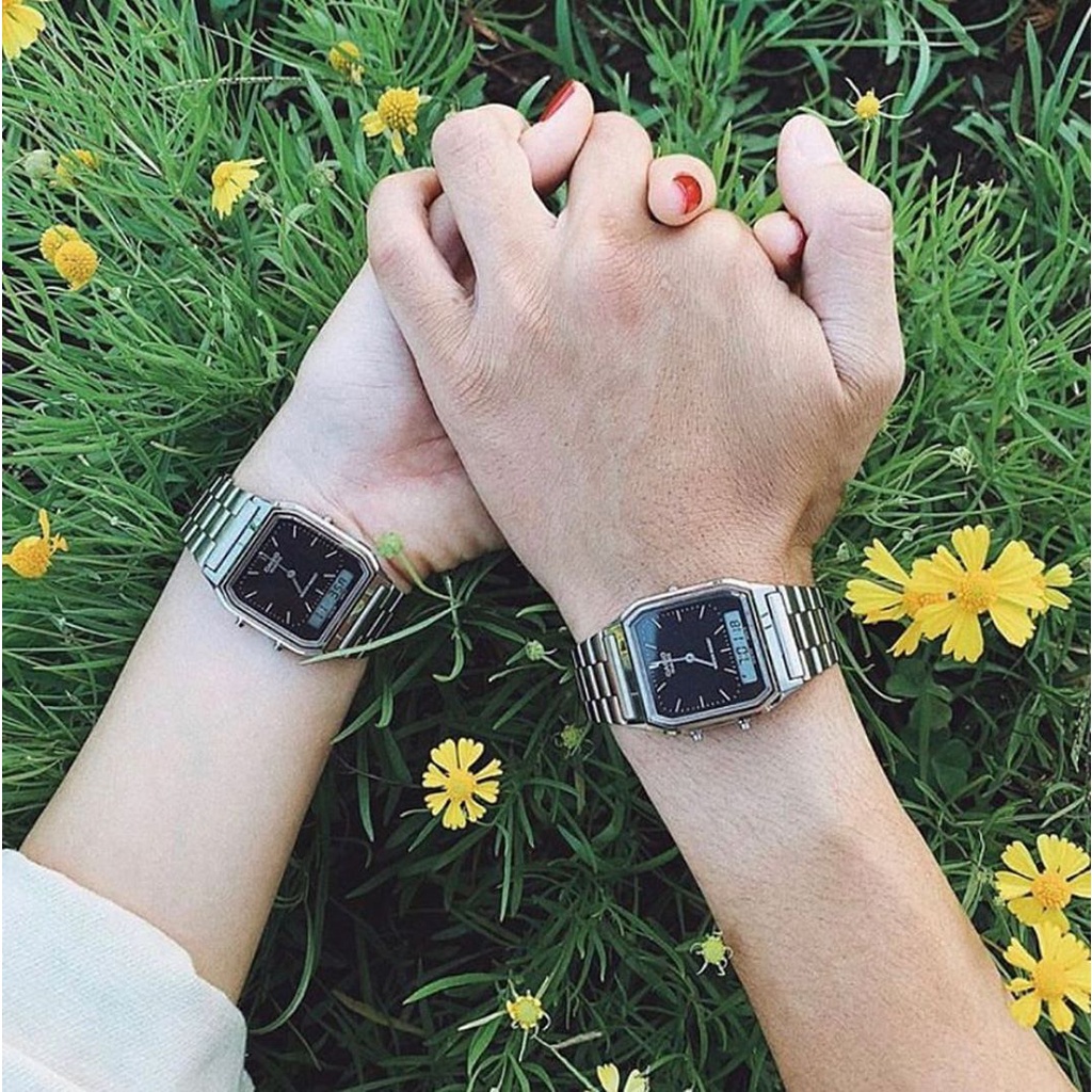 Đồng hồ Unisex Casio AQ-230A-1DMQ, đồng hồ chính hãng, silver gạch, mặt đen