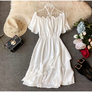 Đầm trắng bẹt vai bèo 2 lớp siêu xinh