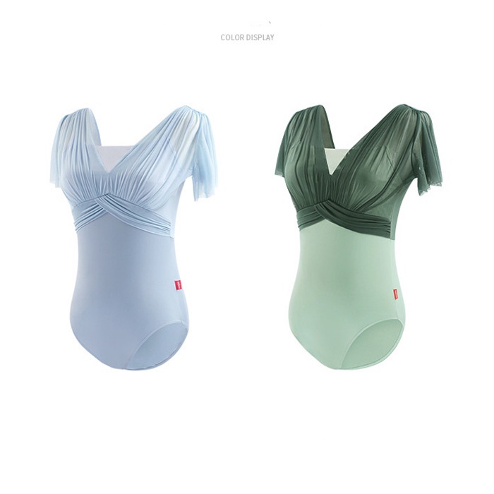 Ballet leotard người lớn phụ nữ ruffle ngắn tay áo lưới splice khiêu vũ bodysuit sexy v không lưng | BigBuy360 - bigbuy360.vn