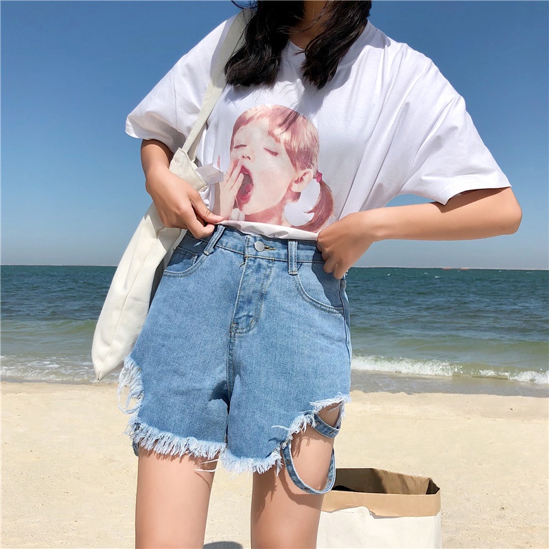 NRVP Quần Short Jean Nữ Ống Rộng Thời Trang Hàn Quốc