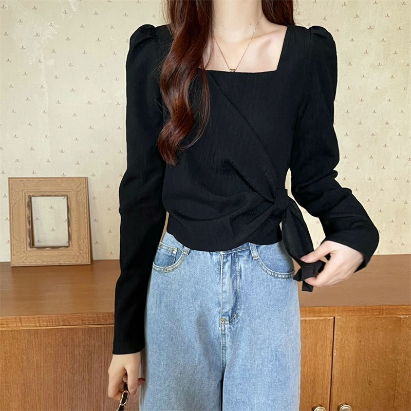 Áo kiểu BH tay dài cổ vuông thiết kế độc đáo phong cách retro Hàn Quốc thời trang cho nữ