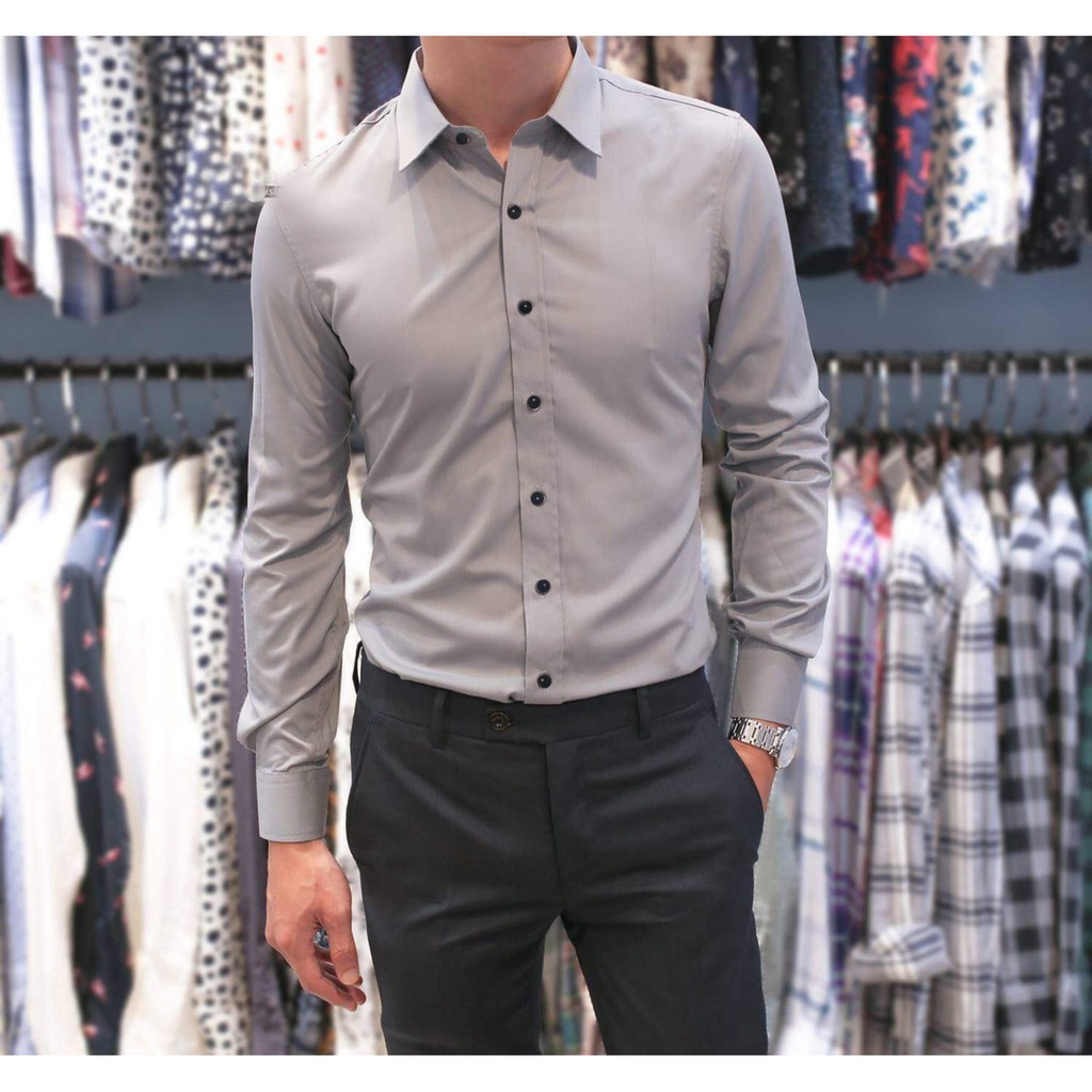 [ Giá đặc biệt ] Áo sơ mi nam dài tay vải lụa mềm mịn không nhăn màu xám | BigBuy360 - bigbuy360.vn