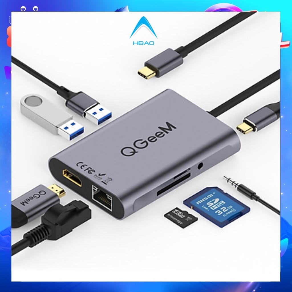 Bộ thiết bị Hub QGeeM USB C chia chuyển đổi 8 trong 1 4K, Type C sang HDMI Ethernet 1G, USB 3.0, 3.5mm AUX, TF, Cổng PD