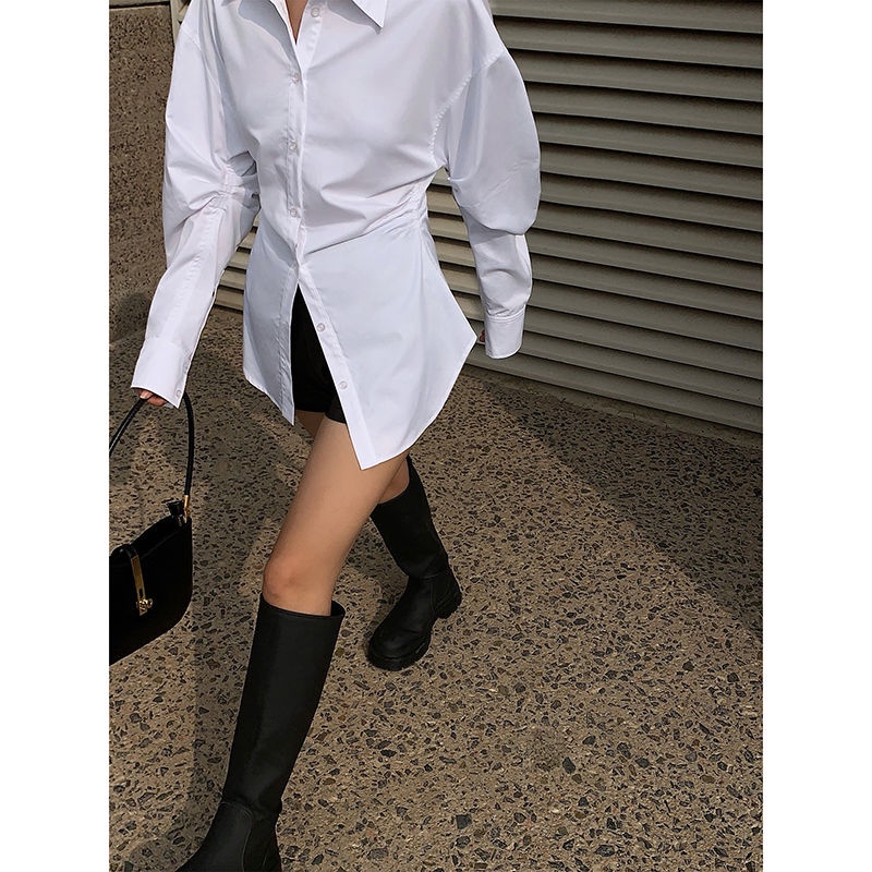 Áo Sơ Mi Trắng Thiết Kế Nhấn Eo Thời Trang Xuân Thu Cho Nữ