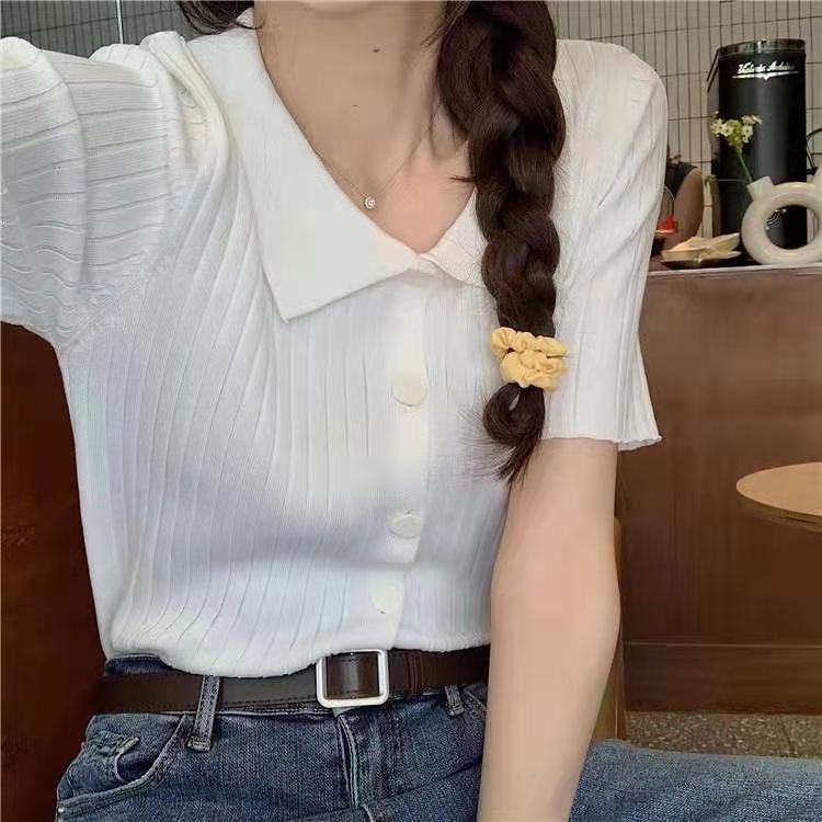 Áo Cardigan Dệt Kim Màu Trơn Cổ POLO Phong Cách Retro Độc Đáo Dễ Phối Đồ Thời Trang Cho Nữ  tao bao
