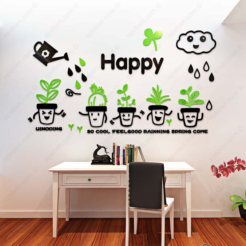 Tranh dán tường mica 3d decor khổ lớn khu vườn vui vẻ happy cây mưa trang trí mầm non, phòng cho bé Nhiều Size - EPeBen