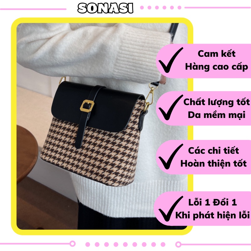 Túi xách đeo chéo hình hộp phối dạ kẻ kiểu Hàn Quốc SONASI TXN004