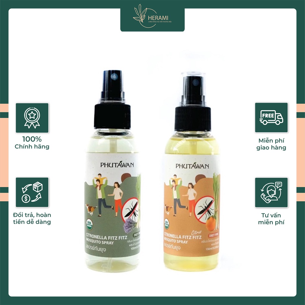 Xịt Chống Muỗi Citronella Phutawan Thái Lan 100ml AnToàn Cho Bé & Phụ Nữ Có Thai - Herami