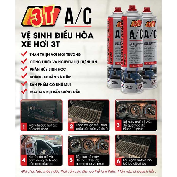 Bình xịt vệ sinh điều hòa 3T A/C - Dung dịch vệ sinh diệt khuẩn, khử mùi máy lạnh ô tô | Thế Giới Thợ Xe