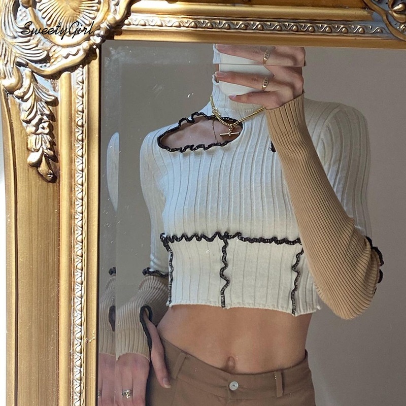 Áo Croptop Tay Dài Cổ Tròn Màu Sắc Tương Phản Thời Trang Dành Cho Nữ