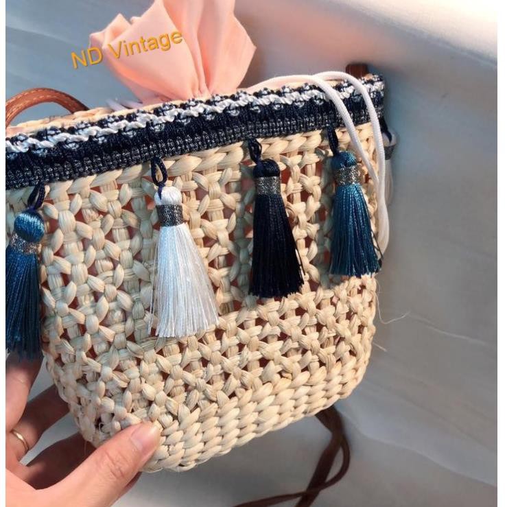 Túi cói lục bình hoa cúc Vintage đi biển, du lịch 100% tự nhiên, có tua rua, hoa cúc