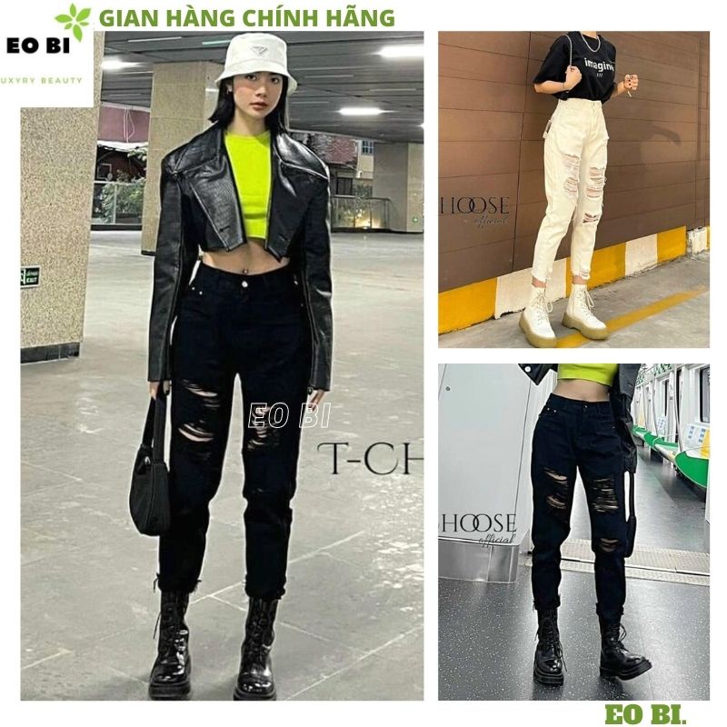 Quần jean nữ lưng cao rách nhiều 2 mầu đen trắng kiểu dáng hàn quốc trẻ chung năng động -EOBI