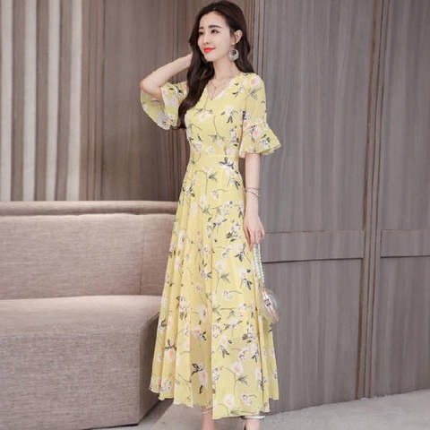 Đầm Dài Tay Ngắn Cổ Chữ V In Họa Tiết Hoa Nhí Xinh Xắn Thời Trang Cho Nữ