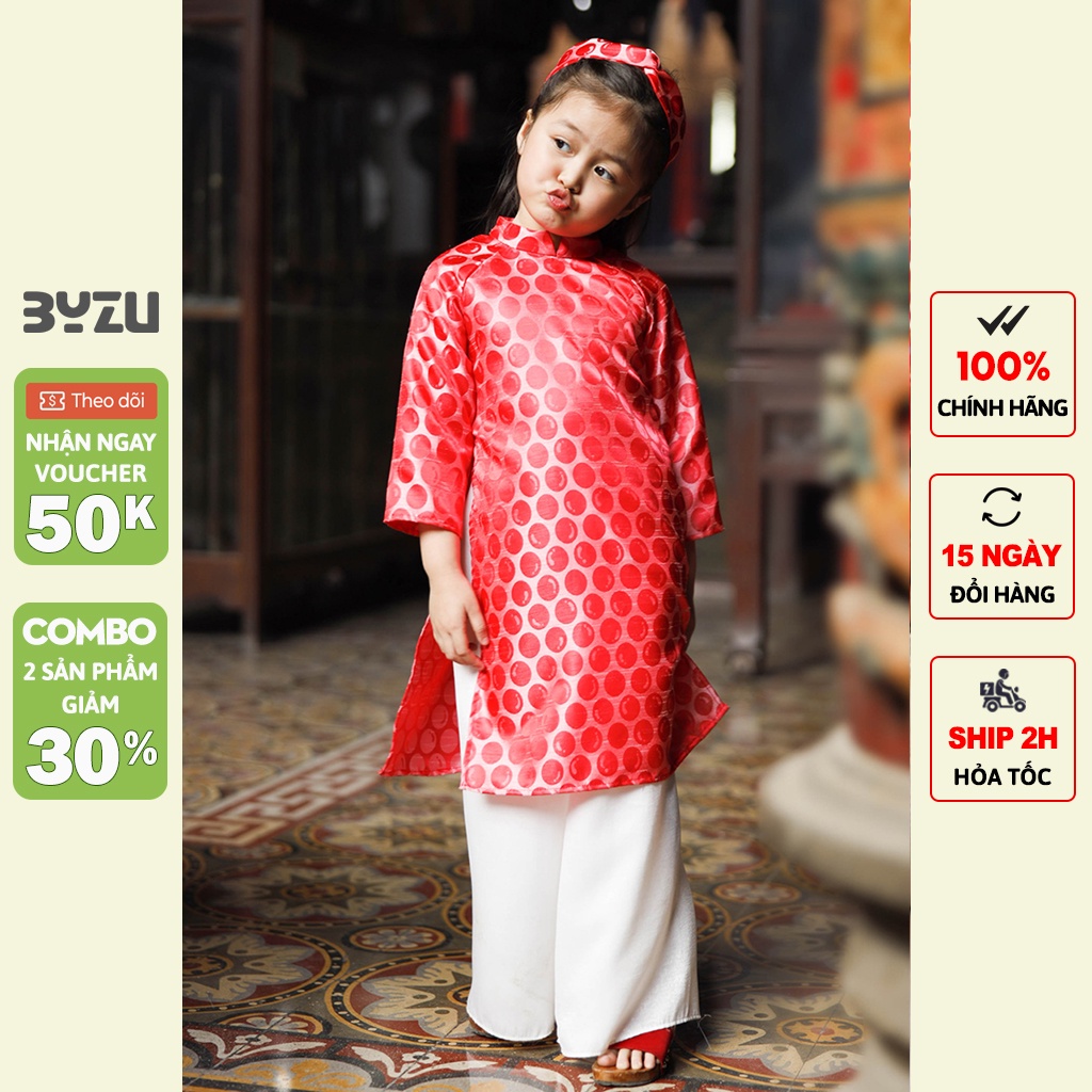 Áo dài cho bé gái BYZU kiểu áo dài cách tân cô ba Sài Gòn, chất liệu gấm cao cấp họa tiết chấm bi đỏ