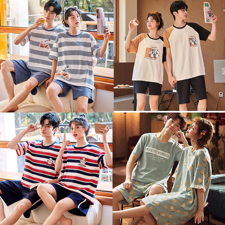 Bộ Đồ Ngủ Đôi Mặc Ở Nhà Vải Cotton Co Giãn 4 Chiều - Váy Quần Áo Pijama Cặp Đôi Cộc Tay Mùa Hè Đi Chơi Biển Ra Ngoaì