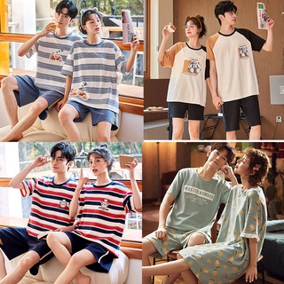 Bộ Đồ Ngủ Đôi Mặc Ở Nhà Vải Cotton Co Giãn 4 Chiều - Váy Quần Áo Pijama Cặp Đôi Cộc Tay Mùa Hè Đi Chơi Biển Ra Ngoaì