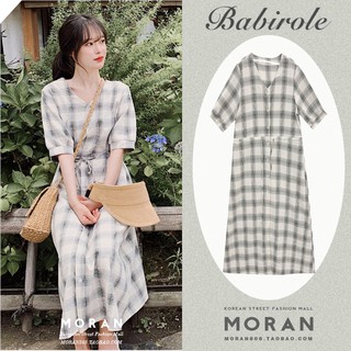 (ORDER) Váy MORAN kẻ sọc caro thắt eo xòe dài đơn giản nhẹ nhàng vintage Hàn Quốc nữ tính