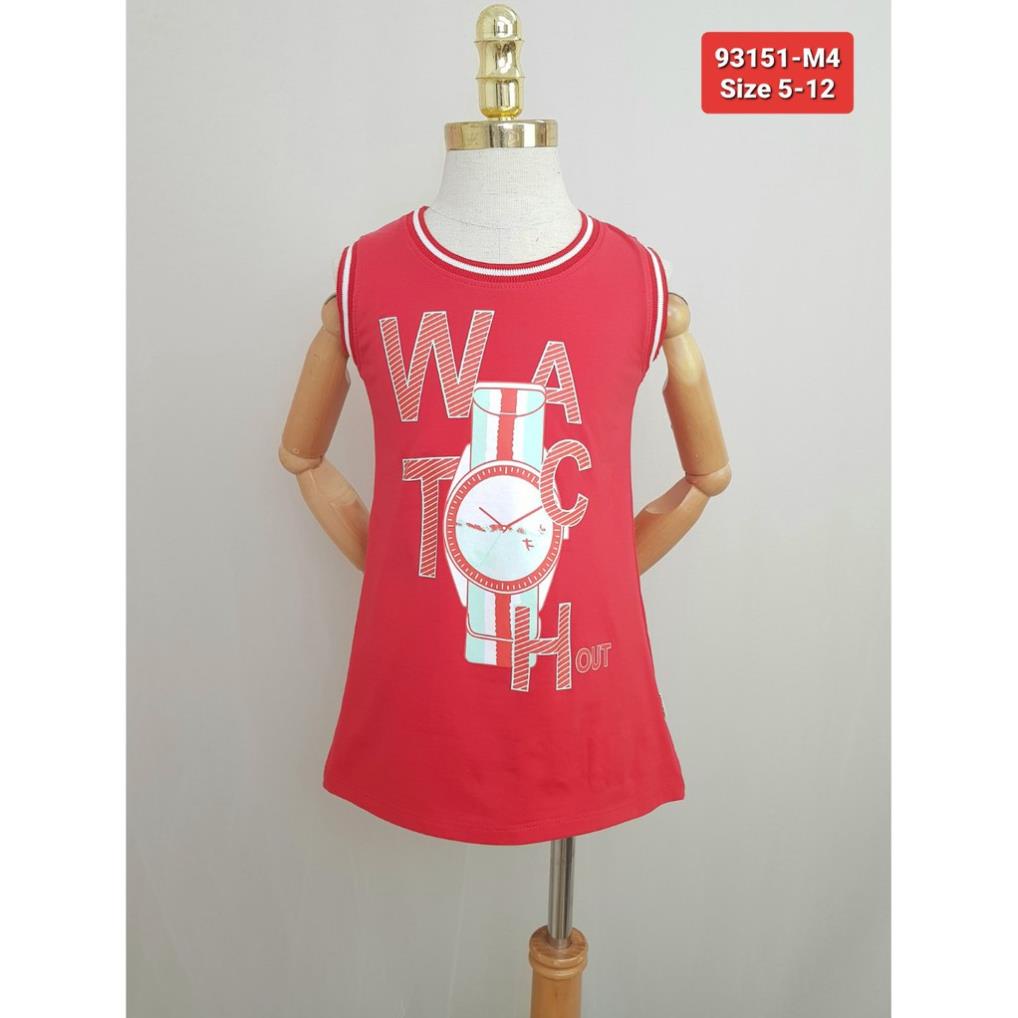 93151-M4 - Váy thun bé gái sát nách, in đồng hồ, màu đỏ, hiệu lisa kids, size nhỡ 5t-12t