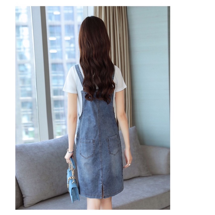 Set yếm váy Jean nữ cao cấp, thiết kế thêu chữ trẻ trung, phong cách NV0966