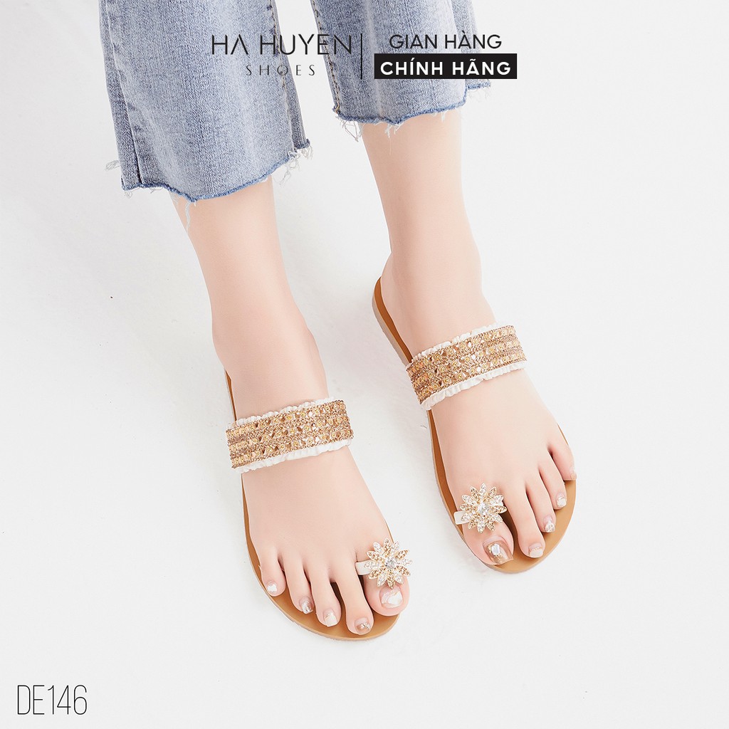 Dép xỏ ngón nữ Hà Huyền Shoes quai bèo ngang ngón đá hoa - DE146