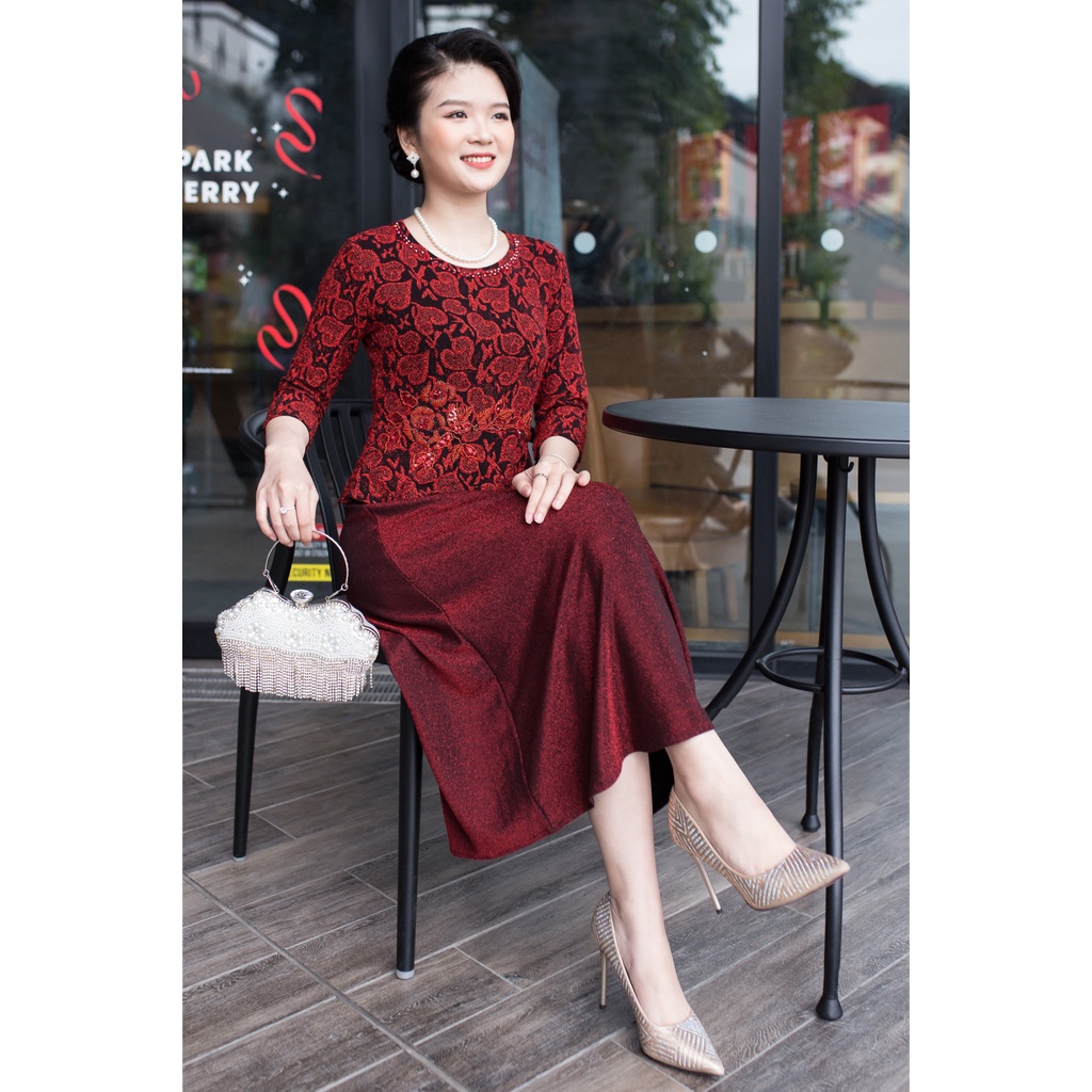 Váy đầm trung niên Ladyshop thời trang nữ thiết kế kết cườm cao cấp TK696